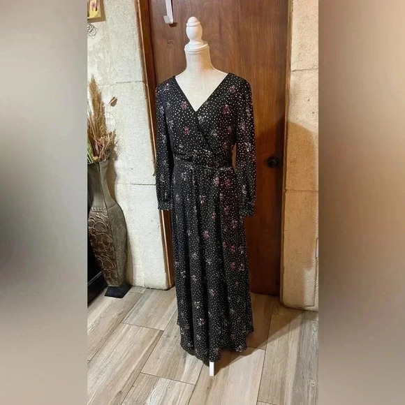 Kate & Mallory Black Gold Floral Long Sleeve V-Neck Maxi Dress Women’s size XS - Picture 16 of 16